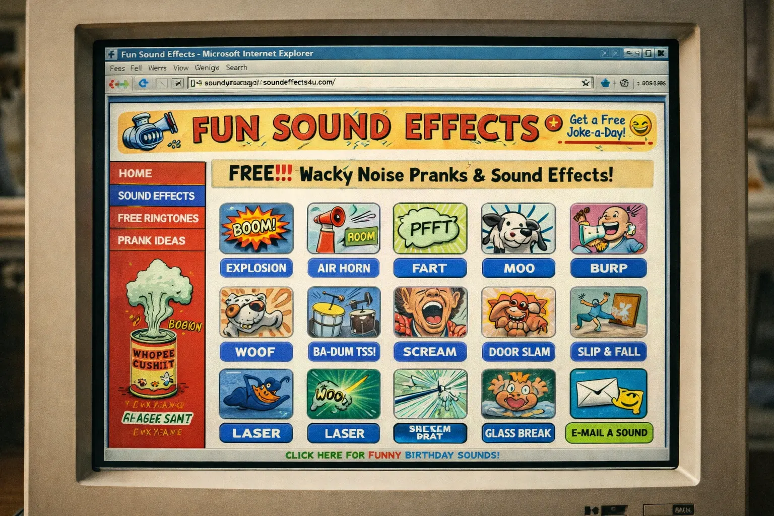Vintage computer screen displaying early 2000s fart soundboard website with basic interface design