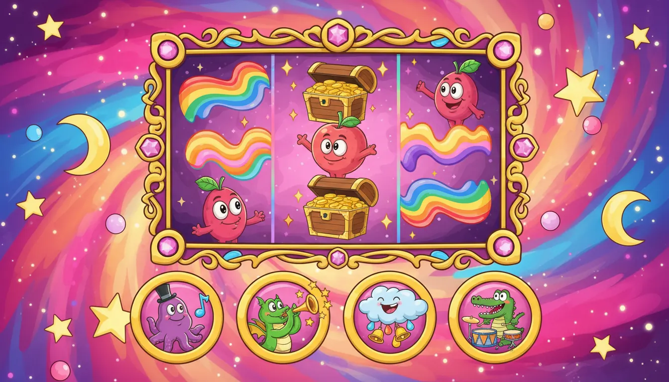 Colorful casino game interface featuring playful soundboard buttons and cartoon-style graphics