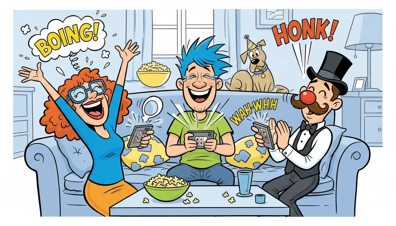 Players laughing while enjoying casual casino games with humorous sound effects on mobile devices