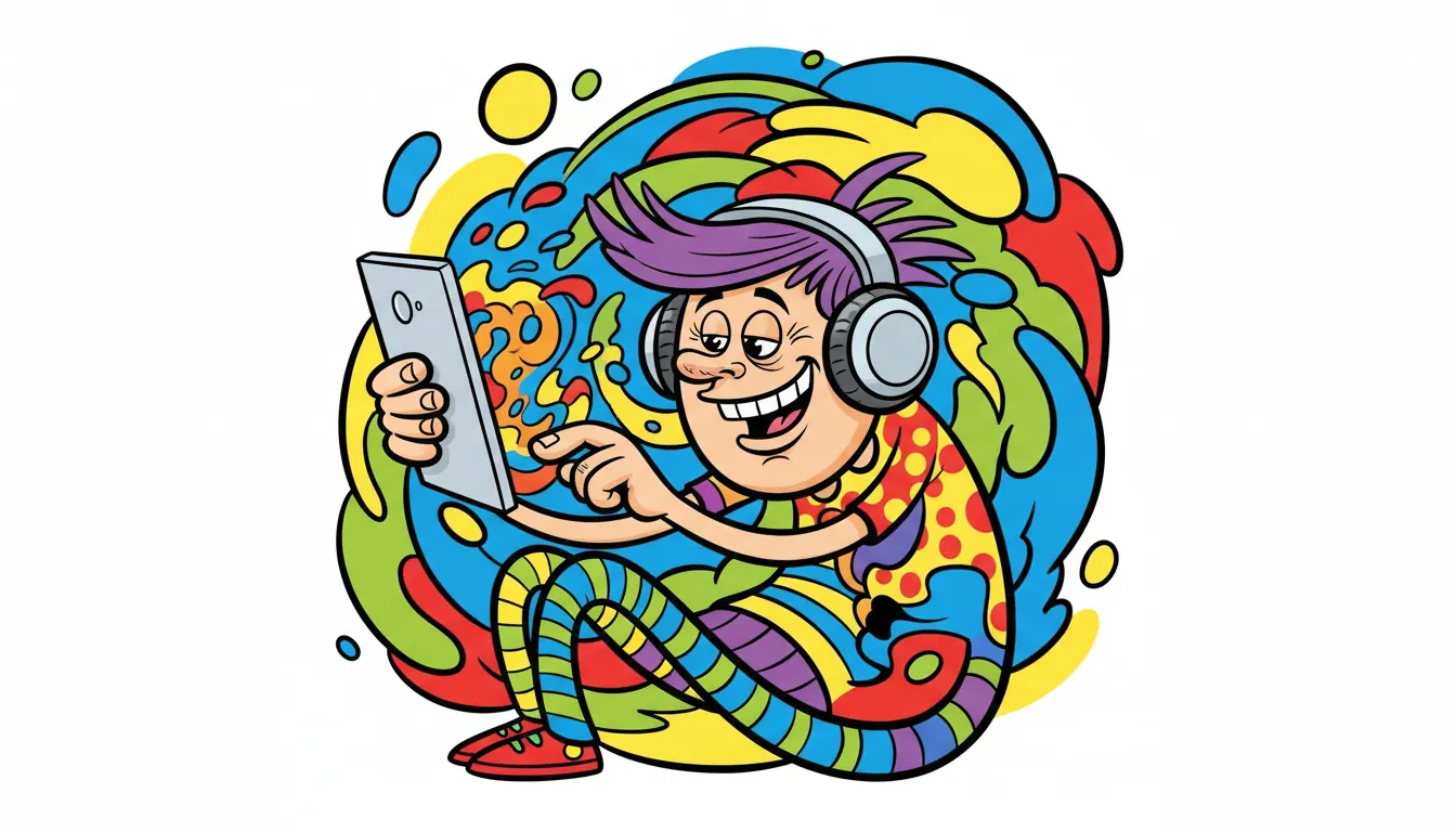 Person wearing headphones and smiling while using a mobile device