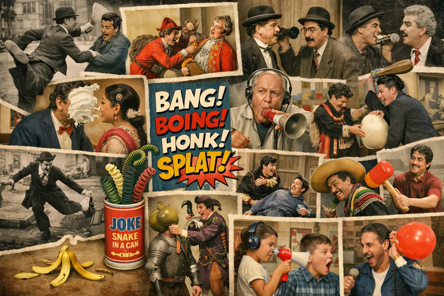 Collage showing toilet humor across different cultures and media formats throughout history