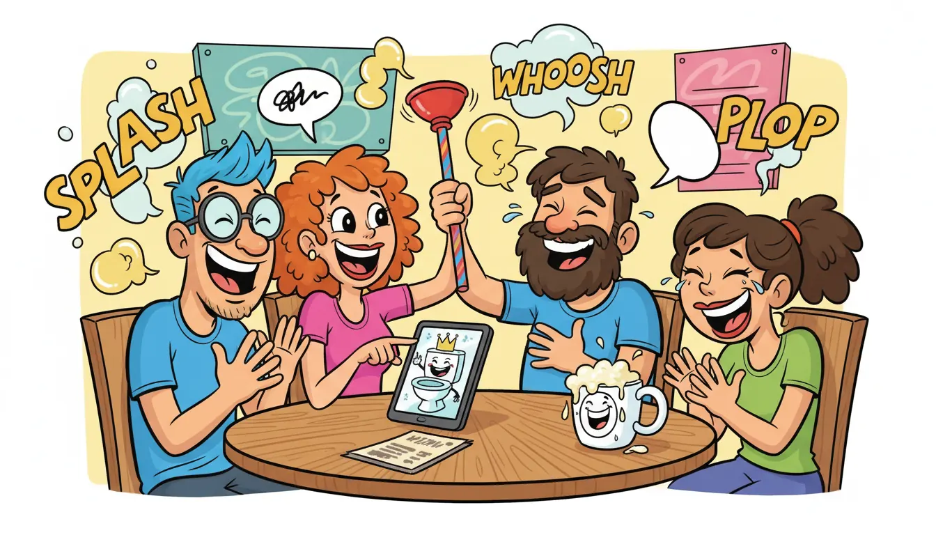 Friends sharing laughter and bonding over toilet humor jokes in casual social setting