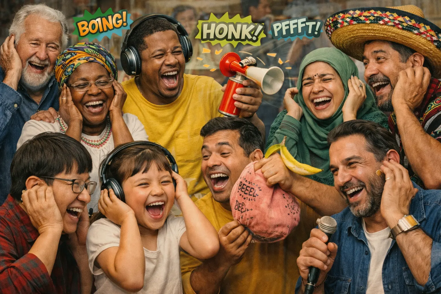 Diverse people from different cultures and ages laughing together at toilet humor comedy